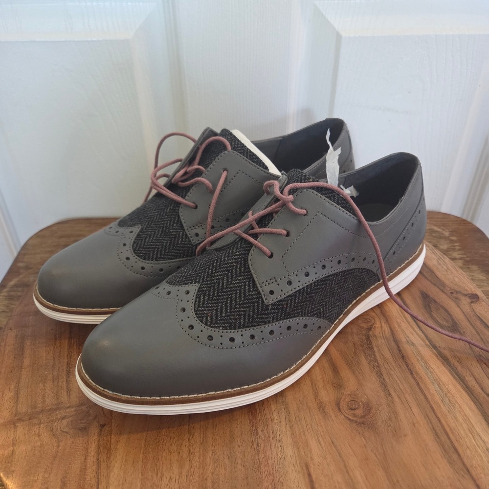 Cole Haan Grand.OS Wingtip Oxford Shoes Grey Herringbone W04112 Mens 9B Preppy
